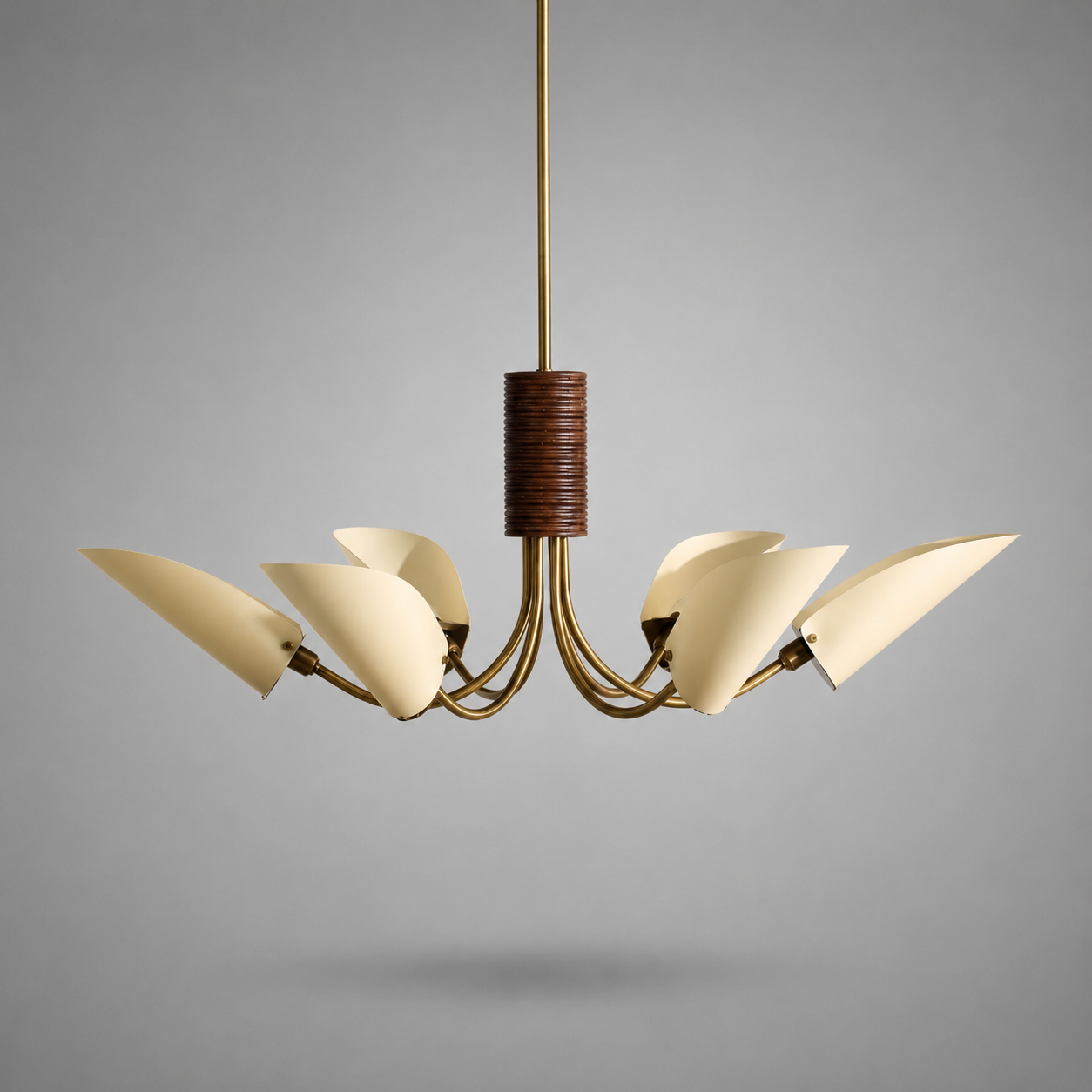 Mid-century 6-light brass chandelier with cream fabric shades, unlit