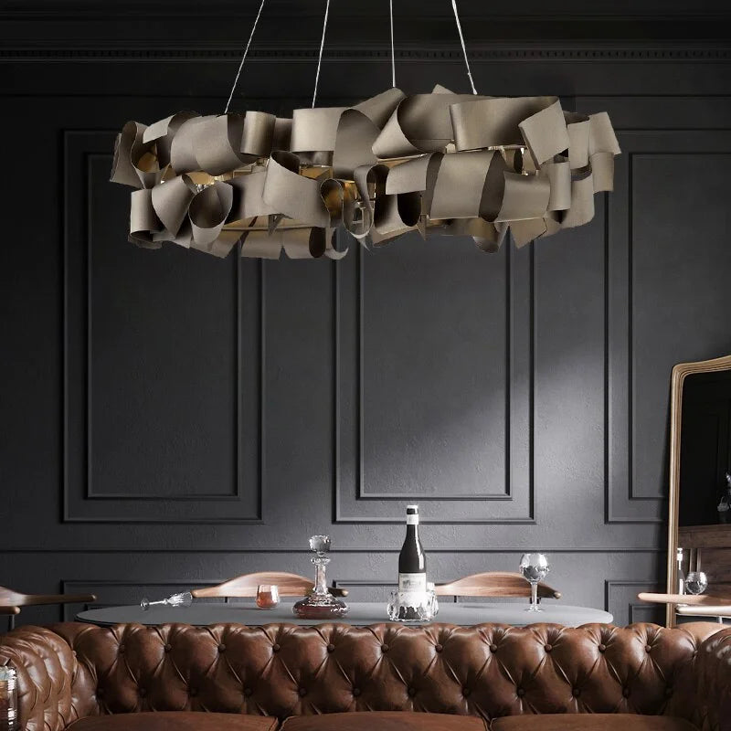 Gold Ribbon Chandelier | Sculptural Metal Pendant Light | Modern Statement Ceiling Fixture for Dining or Foyer