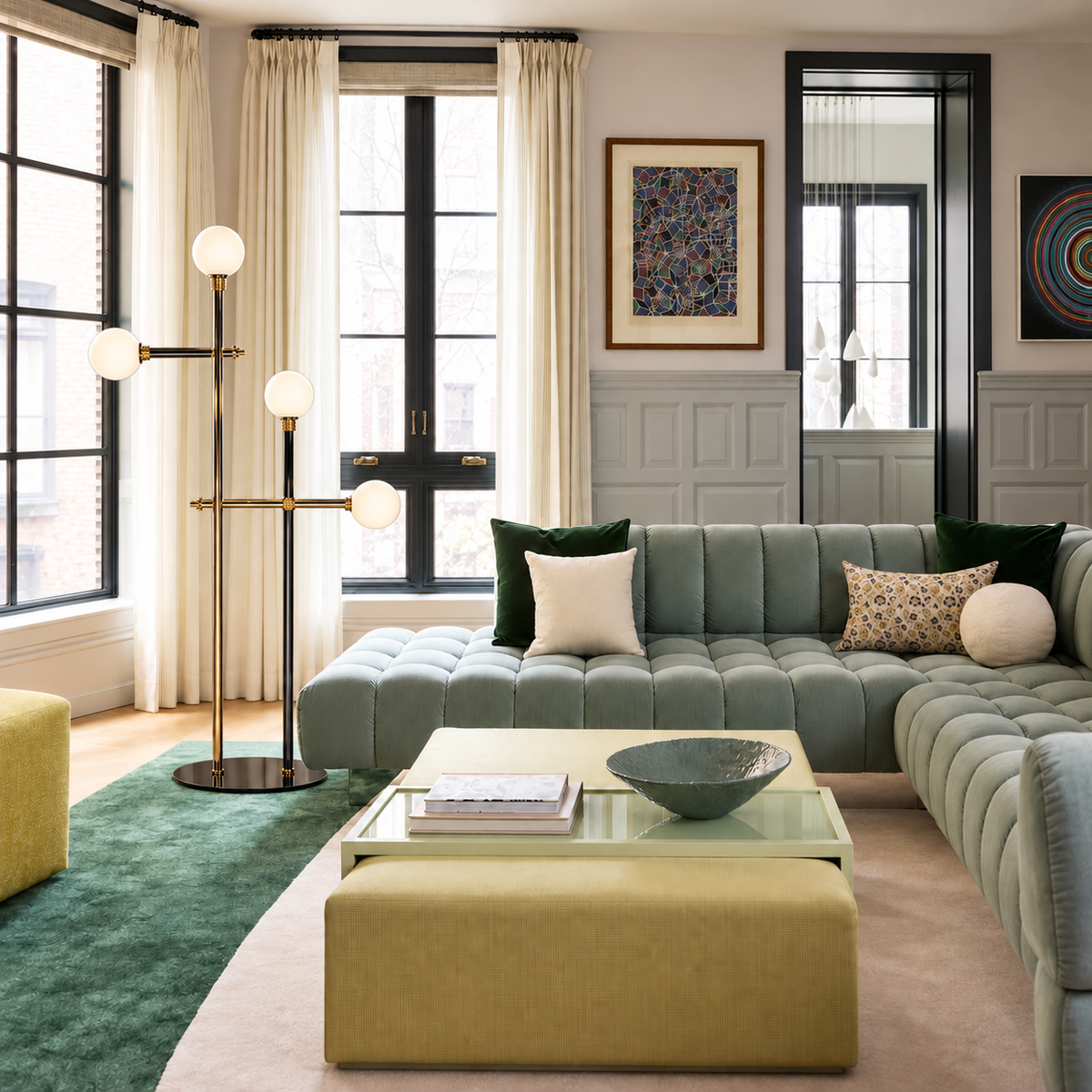 Milano four-globe floor lamp beside a pale blue sectional in a naturally lit living room.