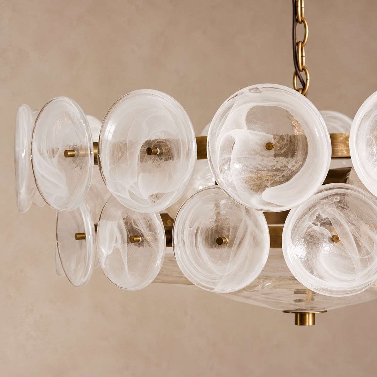 Murano Style Milk Glass Disc Chandelier | Fully Diffused Glare Free Light Three Diameters Two Tier Casalola Lights