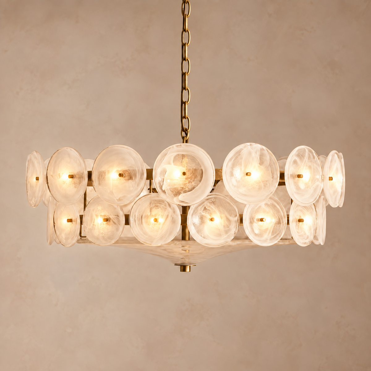 Murano Style Milk Glass Disc Chandelier | Fully Diffused Glare Free Light Three Diameters Two Tier Casalola Lights