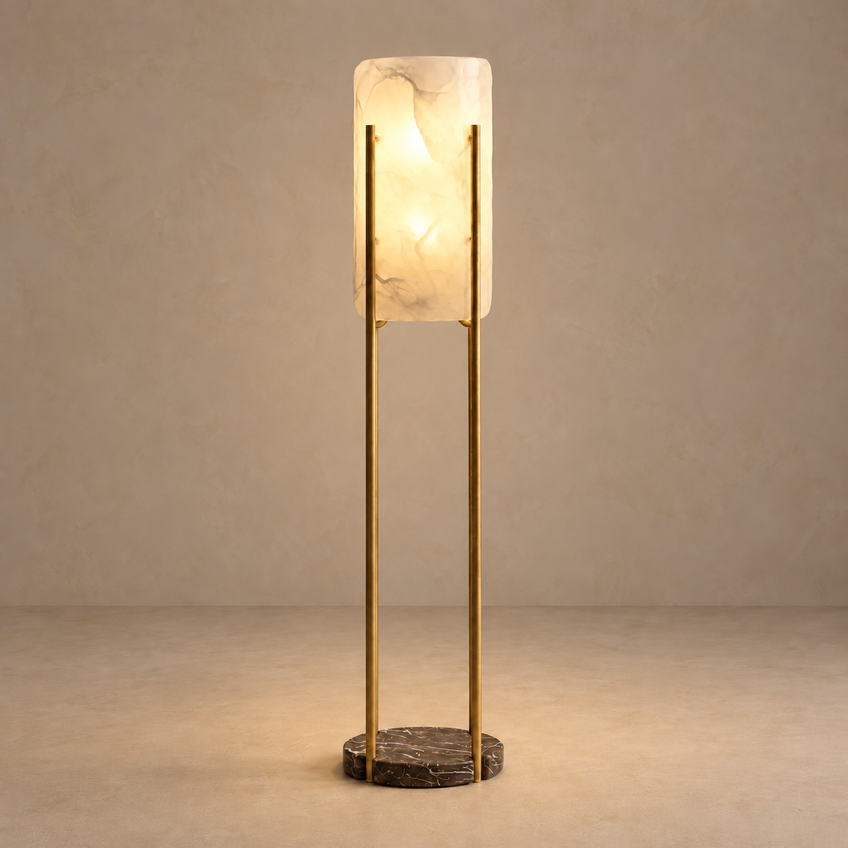 CLKPS0294 floor lamp glowing through its white stone shade, with natural mineral markings visible.