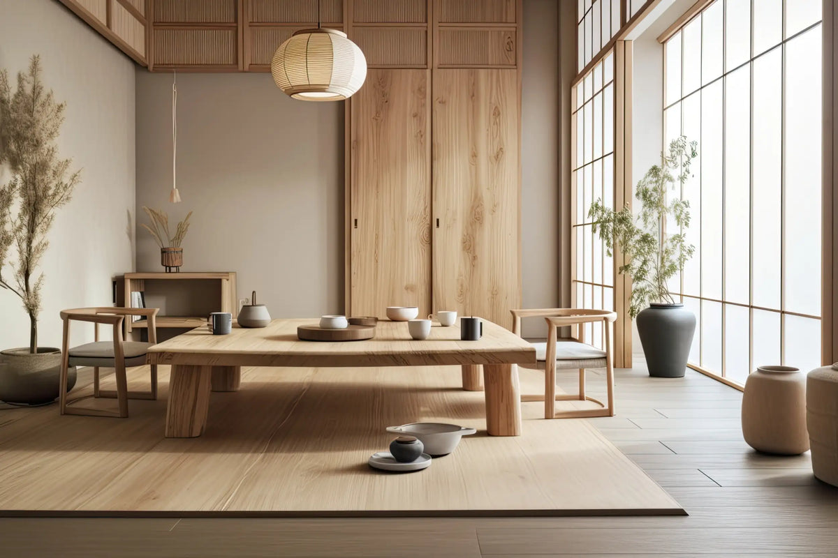 A minimalist wooden tea table with a natural finish and simple, clean lines.