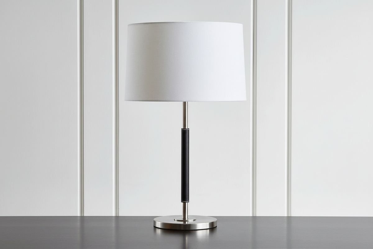 Brass & Leather Table Lamp | Linen Drum-shade Accent Contemporary Modern Bedroom Living Casalolalights Luxury Lamps