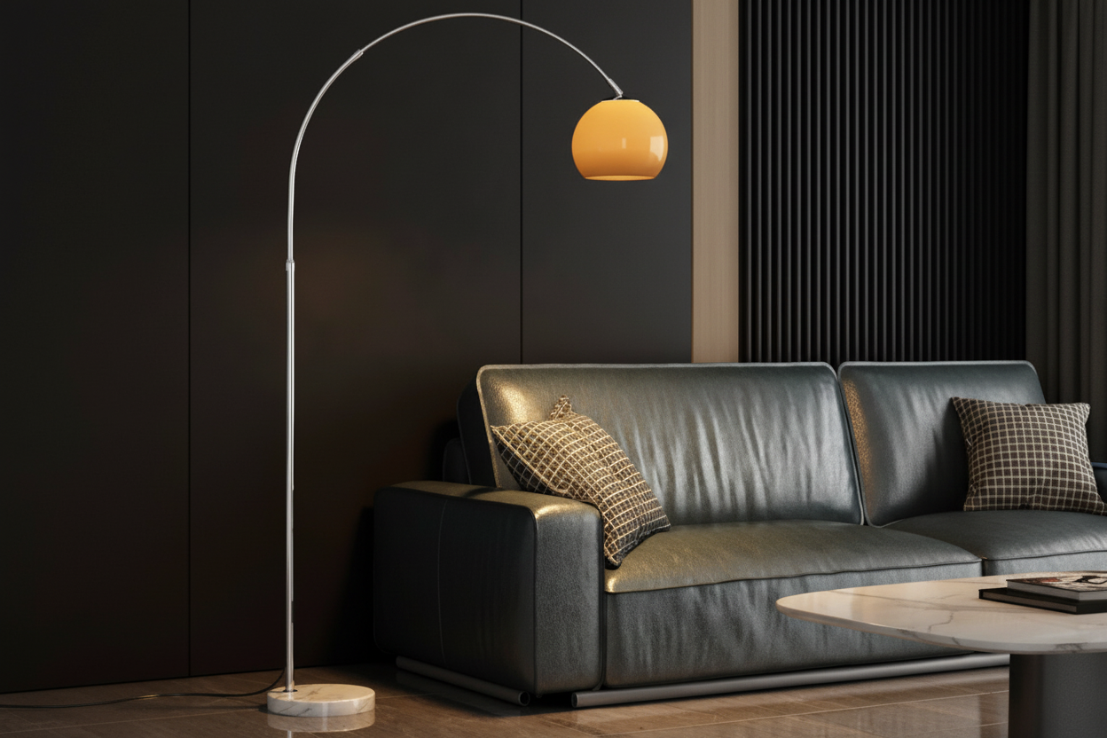 MODERN CHROME ARC FLOOR LAMP WITH GLASS LAMPSHADE | DESIGN OPO8950