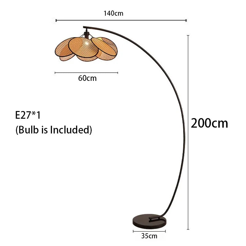 Arc Floor Lamp Stainless Steel Base Rustic Japandi Design Dimmable Modern Knitted Rattan Led