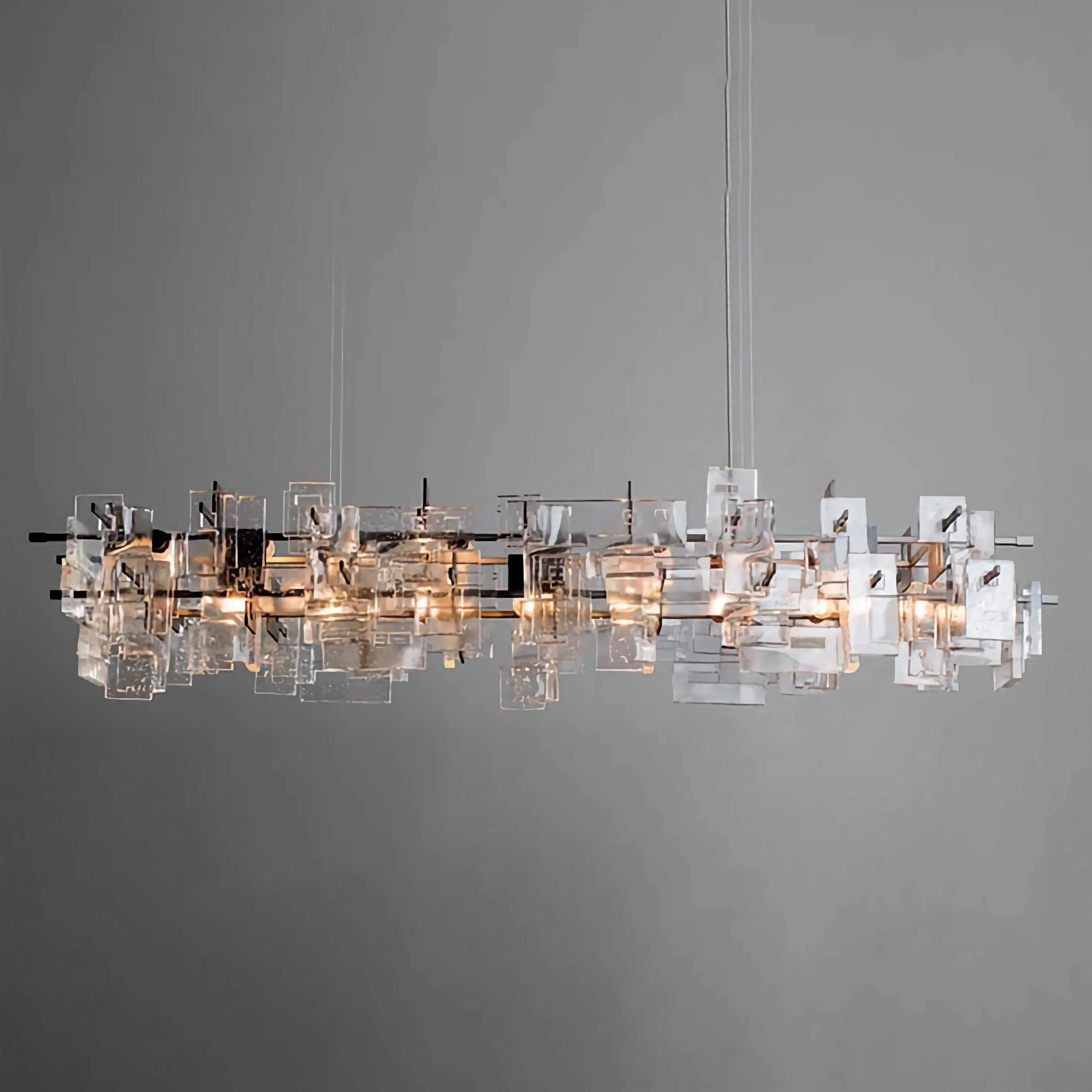 Hand Cut Crystal Linear Chandelier | Modern Rectangular Island Pendant Lighting for Dining Room
