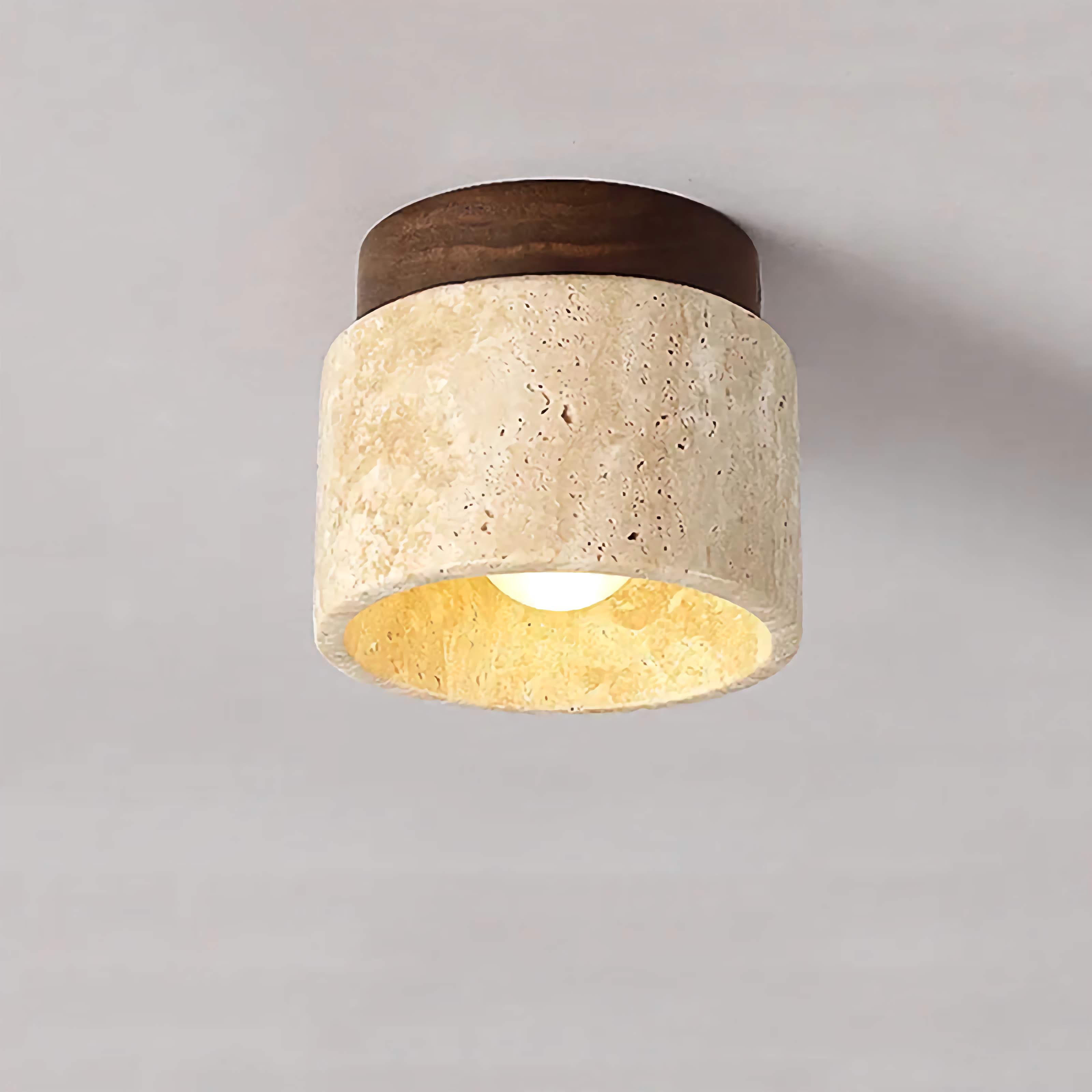 Modern Flush Mount Ceiling Light with Natural Stone and Wood Accent – Minimalist Cylinder Design