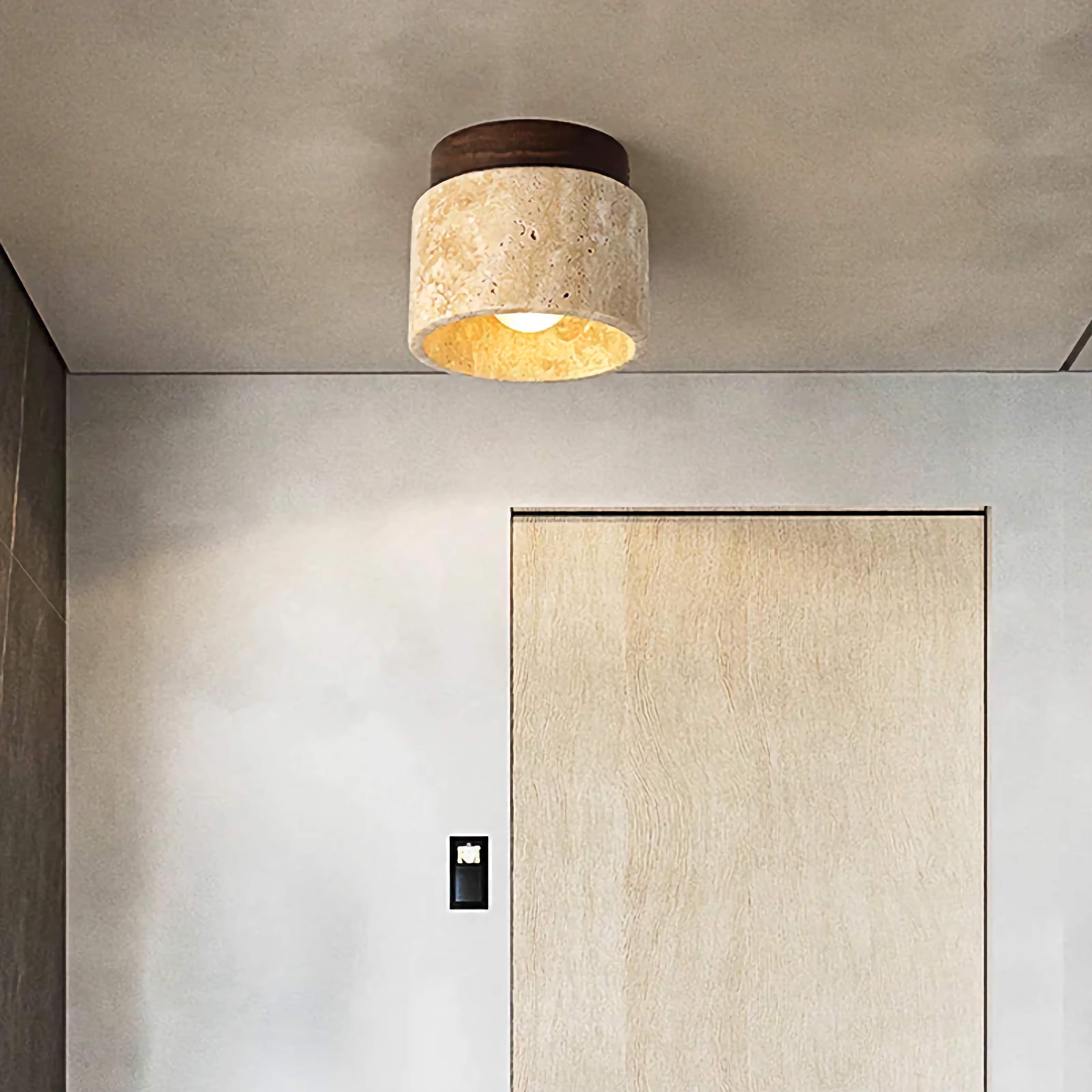 Modern Flush Mount Ceiling Light with Natural Stone and Wood Accent – Minimalist Cylinder Design