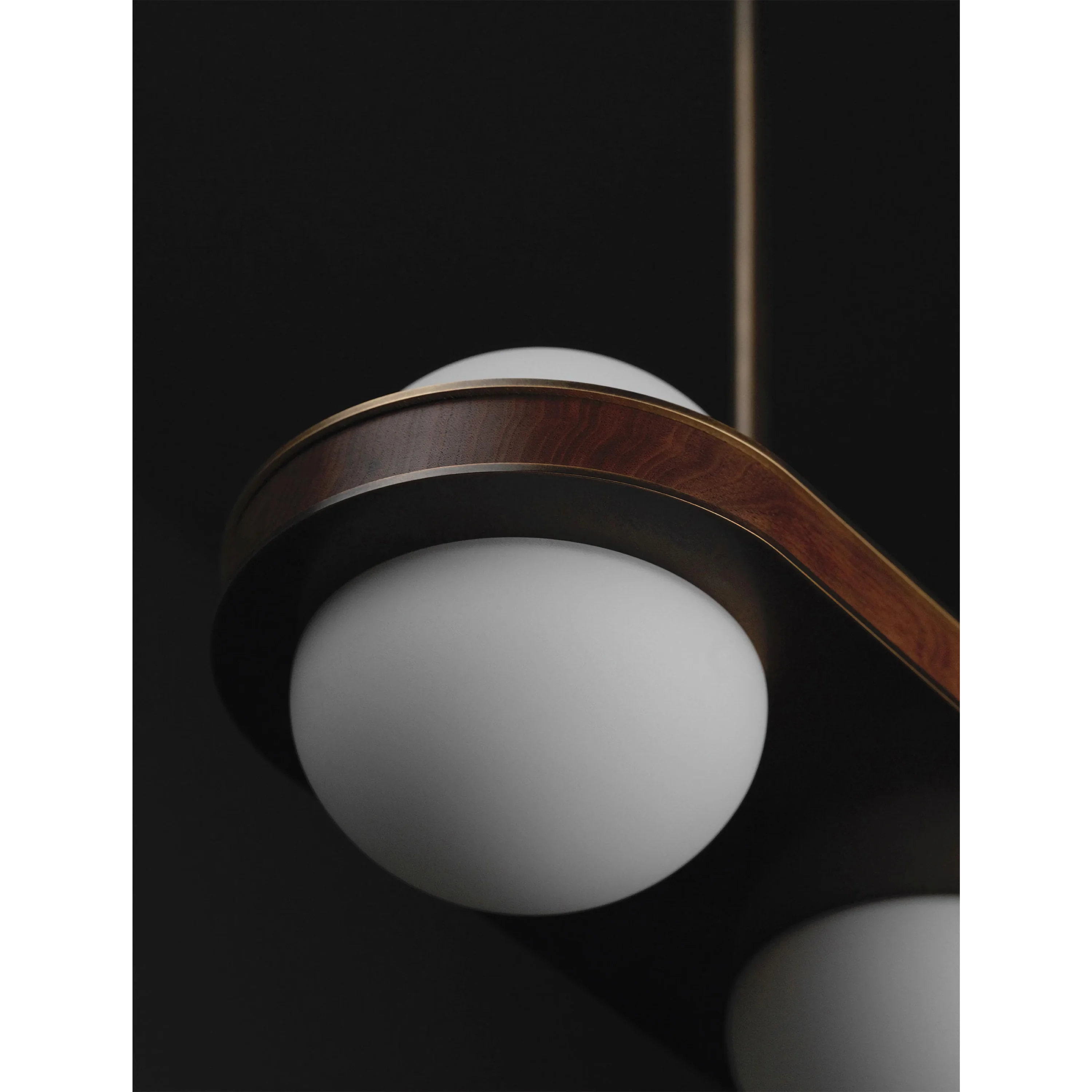 Minimalist Walnut Globe Pendant Light | Dual Opal Glass Fixture in Patinated Brass | Modern Lighting for Kitchen or Bar