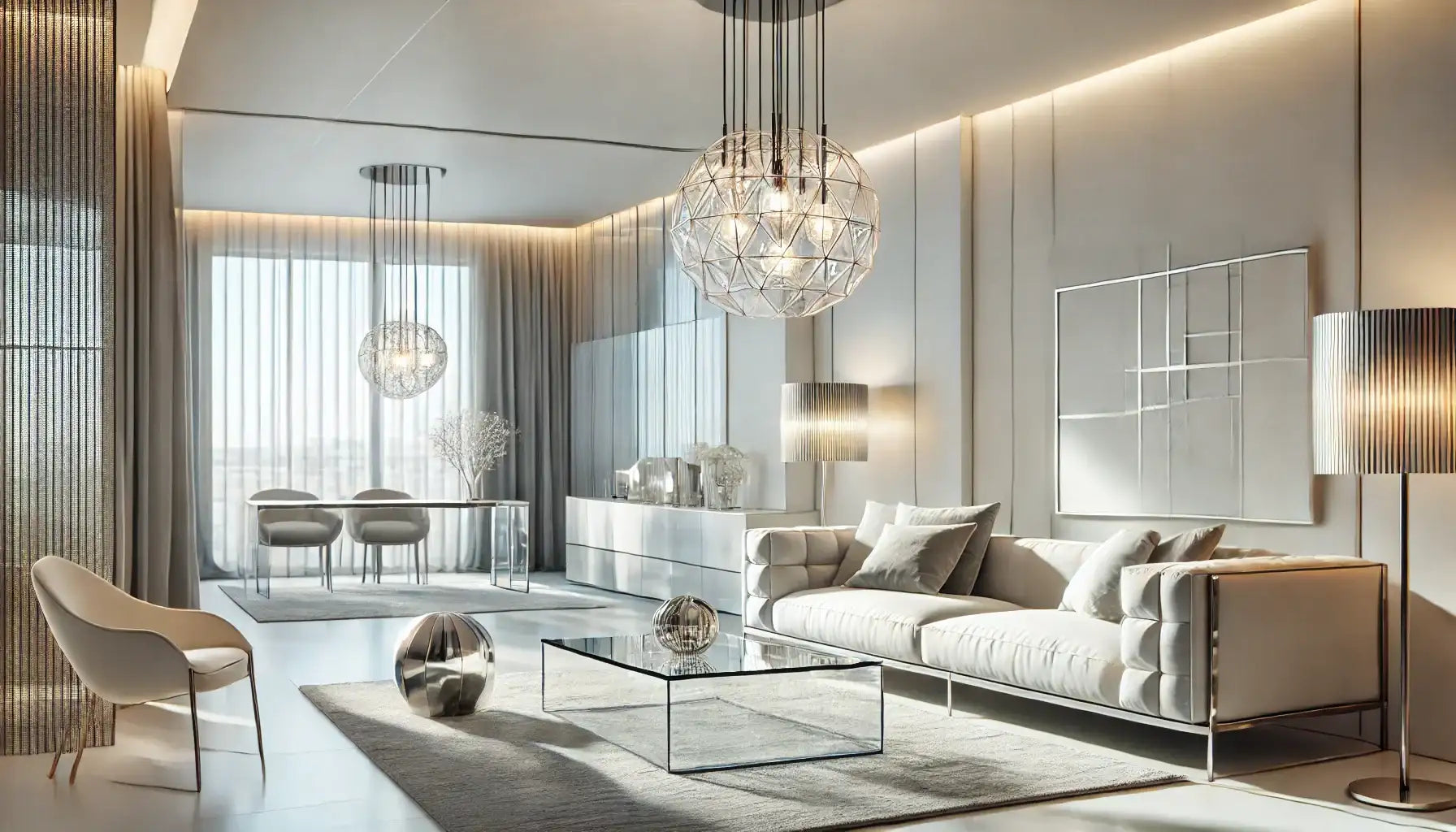 Modern minimalist living room with a sleek, light gray sofa and glass coffee table.