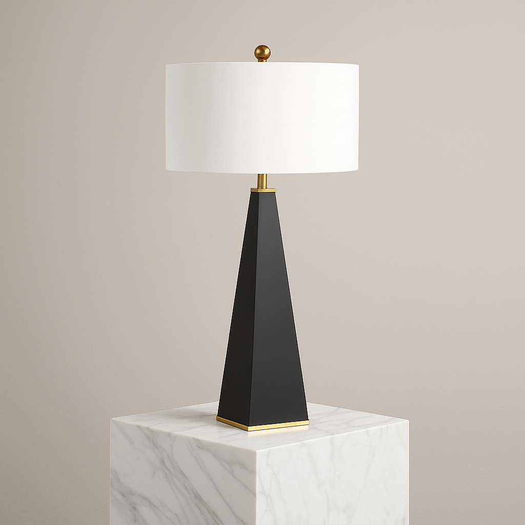 Modern Obelisk Table Lamp with Copper Accents and Fabric Shade for Living Room or Bedroom