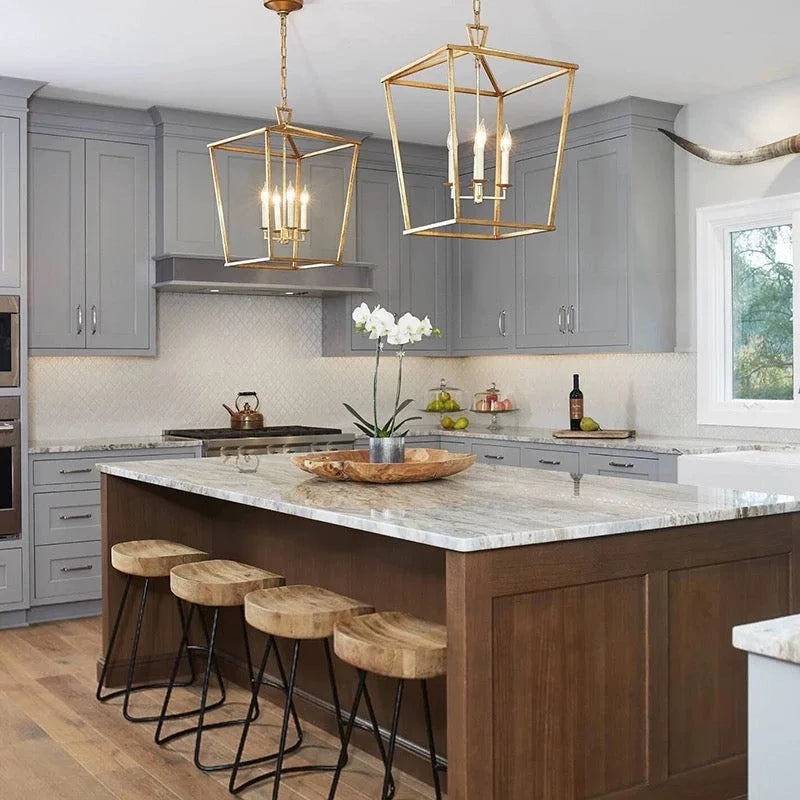 Gold Lantern Pendant Light with 4 Candle Lights – Open Frame Foyer Chandelier for Entryway Kitchen Island or Dining Room