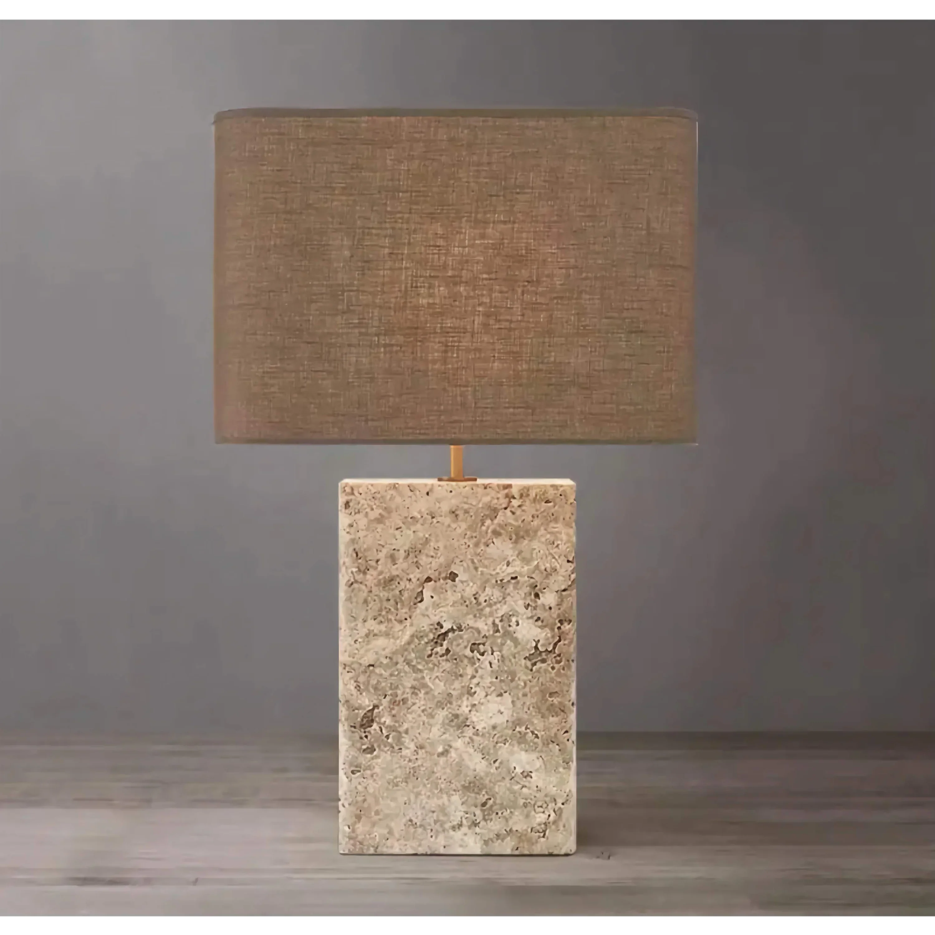 Modern Travertine and Copper Table Lamp with Fabric Shade for Living Room or Bedroom