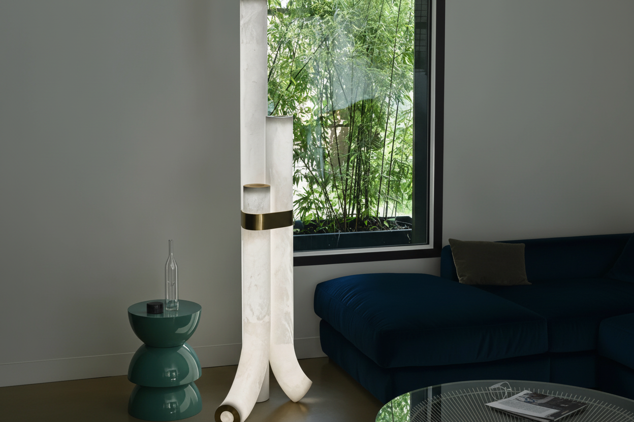 LAMPADA DA TERRA LED IN ALABASTRO NATURALE E OTTONE | LUCE D’ALABASTRO