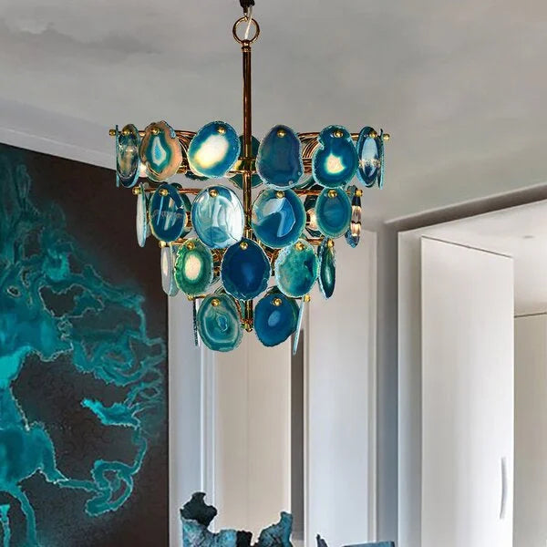 Natural Green Agate Chandelier | Modern Luxury | Semi-flush Mount for Living Room
