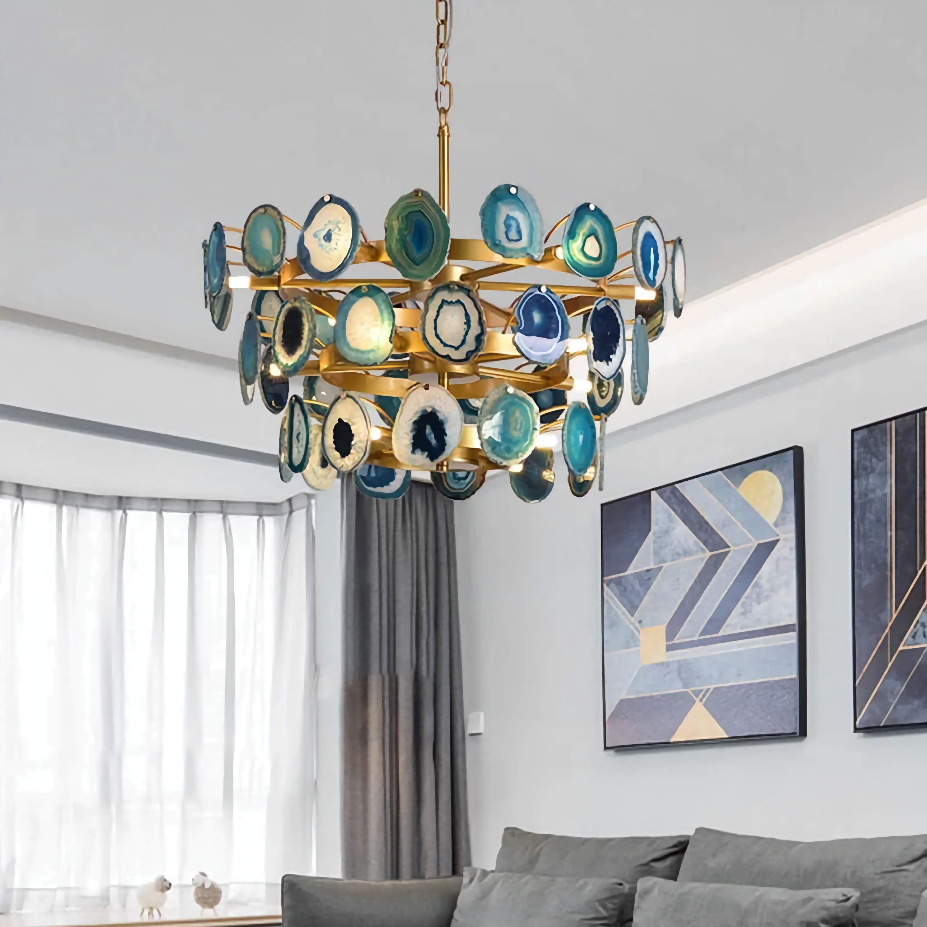 Natural Green Agate Chandelier | Modern Luxury | Semi-flush Mount for Living Room