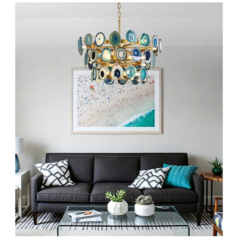 Green Agate Chandelier 45cm | Natural Stone Semi-flush Ceiling Light Translucent Slices Living & Dining Casalolalights