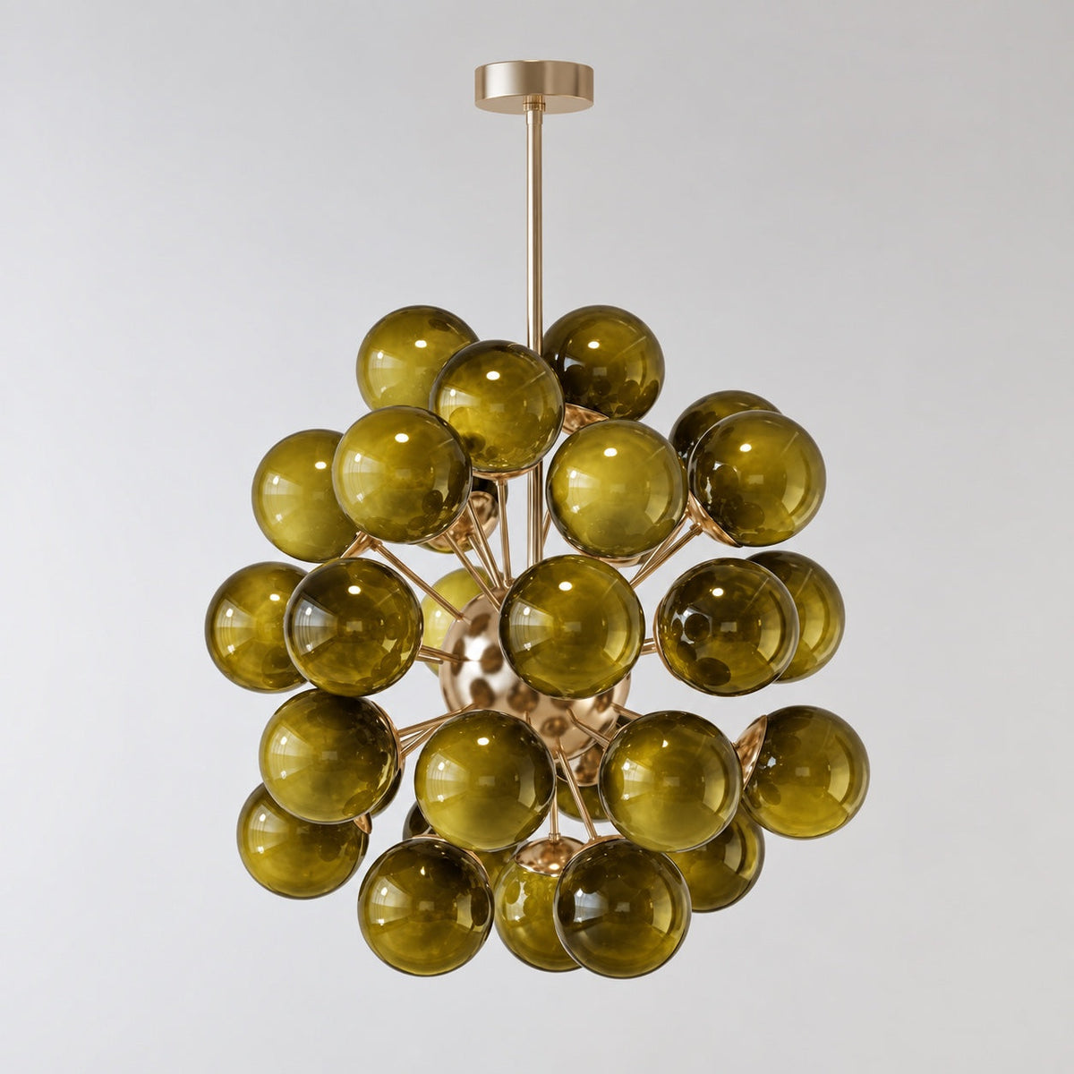 Large green glass globe chandelier De Silva, olive hand-blown Murano-style glass on a brass frame, CLPT80CH-OL