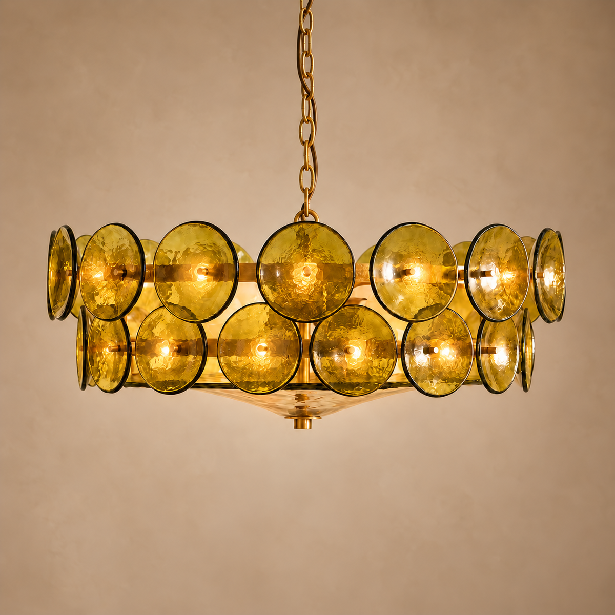 Murano Style Olive Glass Disc Chandelier Steel | Bowl Sends Light Down Over a Table Custom Chain Casalola Lights Luxury