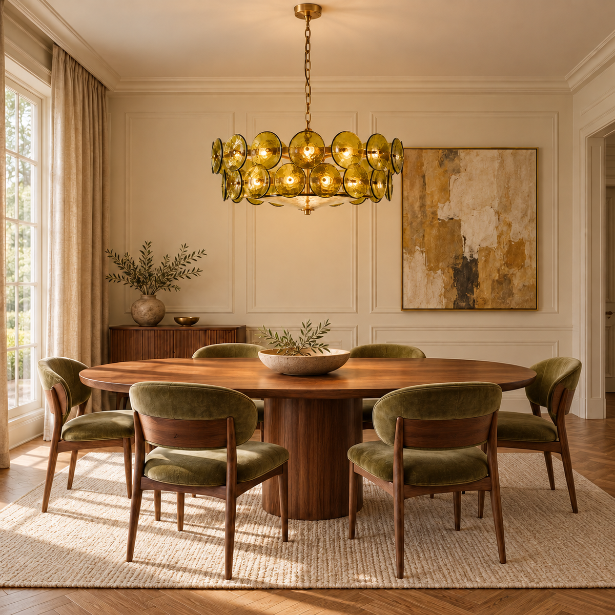 Murano Style Olive Glass Disc Chandelier Steel | Bowl Sends Light Down Over a Table Custom Chain Casalola Lights Luxury