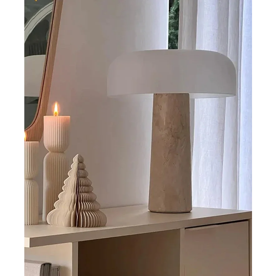 Travertine Table Lamp 39cm | Solid Stone & Frosted Dome Warm Glow Bedside Console Office Casalolalights Luxury Lamps