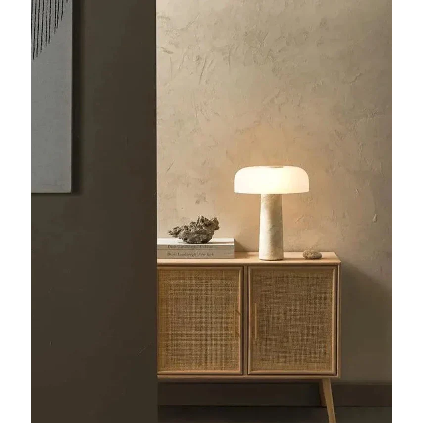 Travertine Table Lamp 39cm | Solid Stone & Frosted Dome Warm Glow Bedside Console Office Casalolalights Luxury Lamps