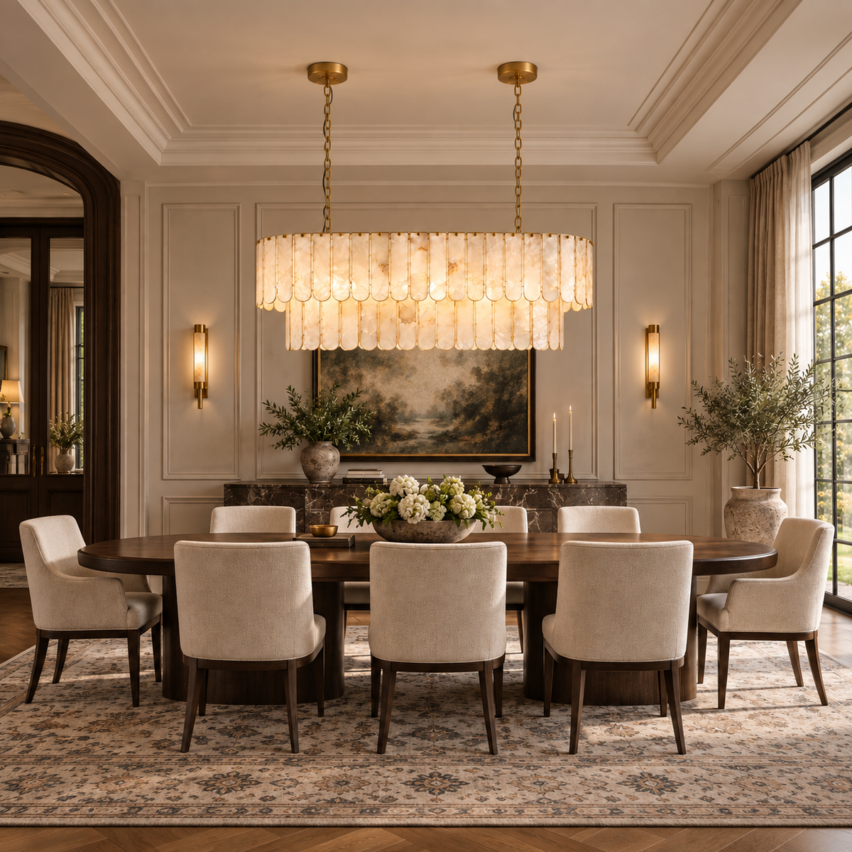 Natural Shell Oval Chandelier Brass 12 or 16 Light | Over a Long Dining Table Adjustable Cables Casalola Lights Luxury