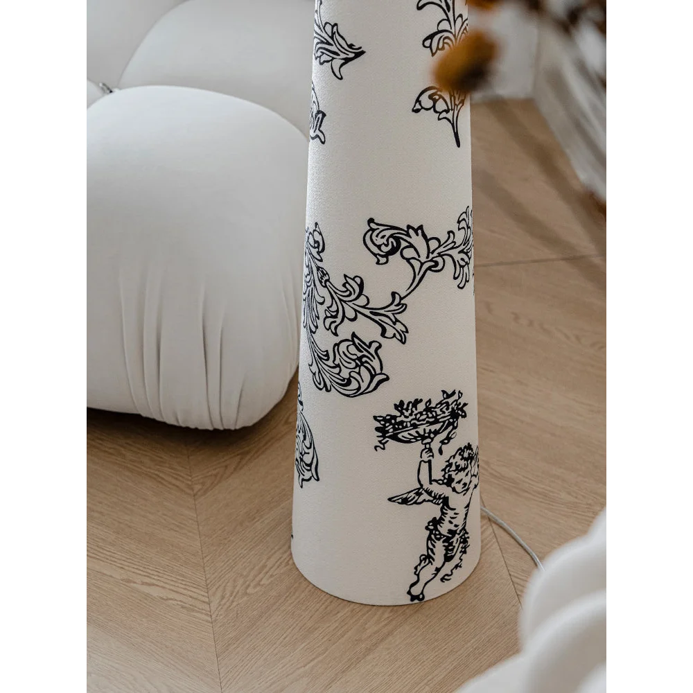 Living Room Floral Cone Floor Lamp in Hand Painted White Ceramic – Scandi Japandi Statement Accent Lighting Soft Glow