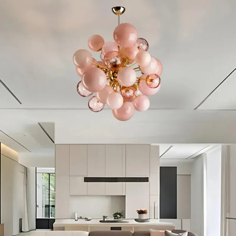 Pink Glass Globe Chandelier 80cm | Hand-blown Sphere & Gold Iron Modern Art Deco Bedroom Casalolalights Luxury Lamps
