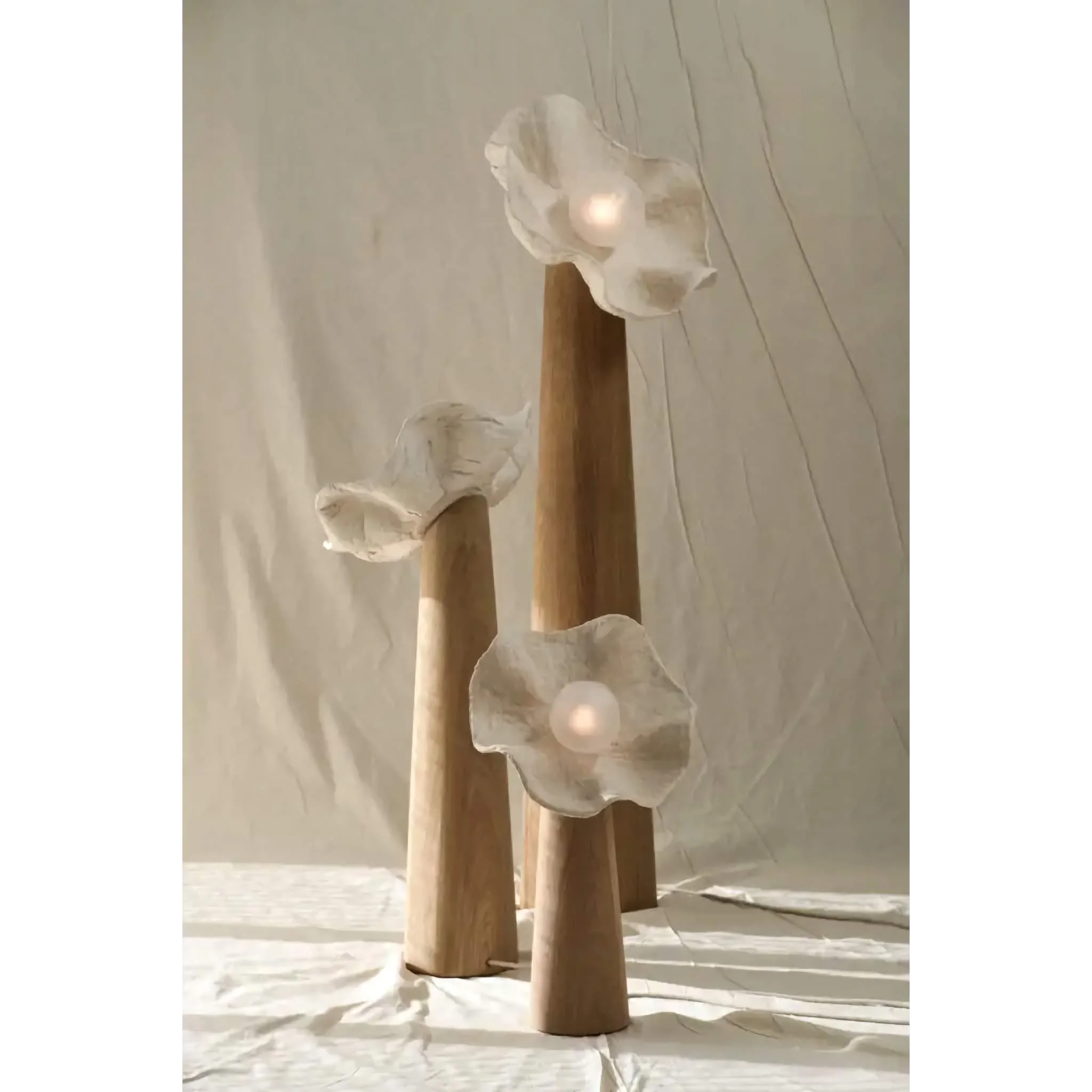 Living Room Sculptural Natural Wood & Plaster Flower Floor Lamp – Organic Modern Statement Lighting