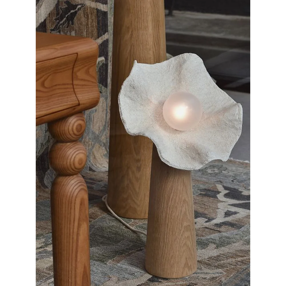 Living Room Sculptural Natural Wood & Plaster Flower Floor Lamp – Organic Modern Statement Lighting