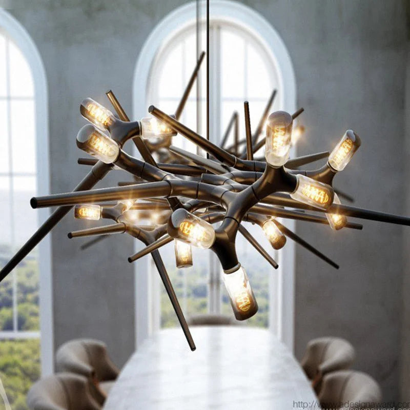 Industrial Modern Chandelier with Exposed Bulbs and Branching Metal Frame – Statement Pendant Light