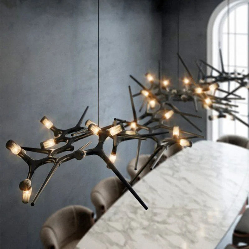 Industrial Modern Chandelier with Exposed Bulbs and Branching Metal Frame – Statement Pendant Light