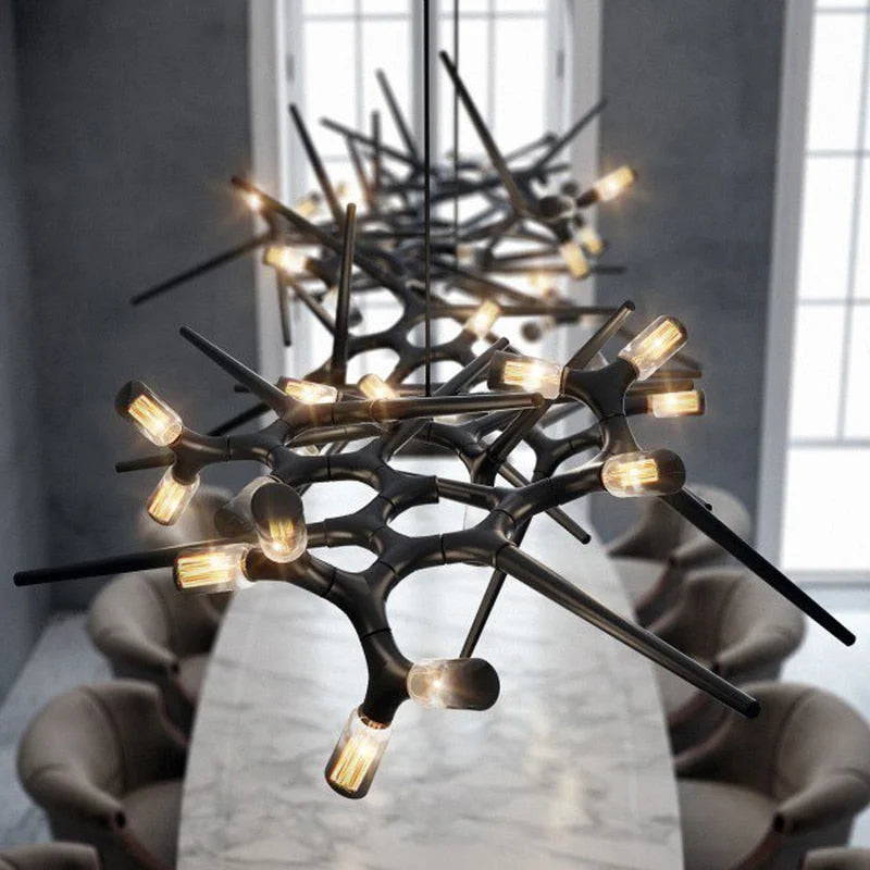 Industrial Modern Chandelier with Exposed Bulbs and Branching Metal Frame – Statement Pendant Light