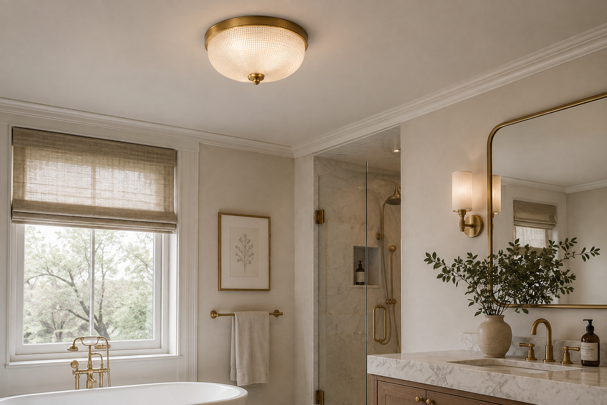 Glass Flush Mount Ceiling Light for Bathroom & Hallway | Art Deco Prismatic 14 Inch Ip44 Brass Casalola Lights Luxury
