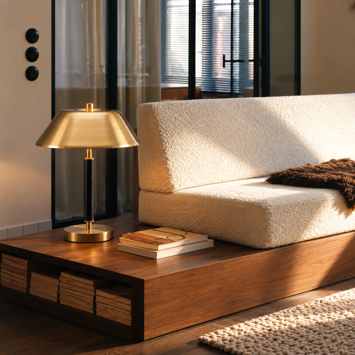 Reading Table Lamp on a walnut platform beside a cream sofa.