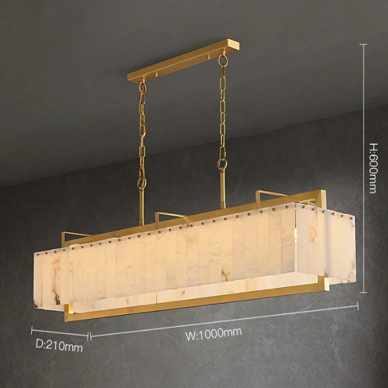 Rectangular Alabaster Island Chandelier | Brushed Brass Kitchen Suspension