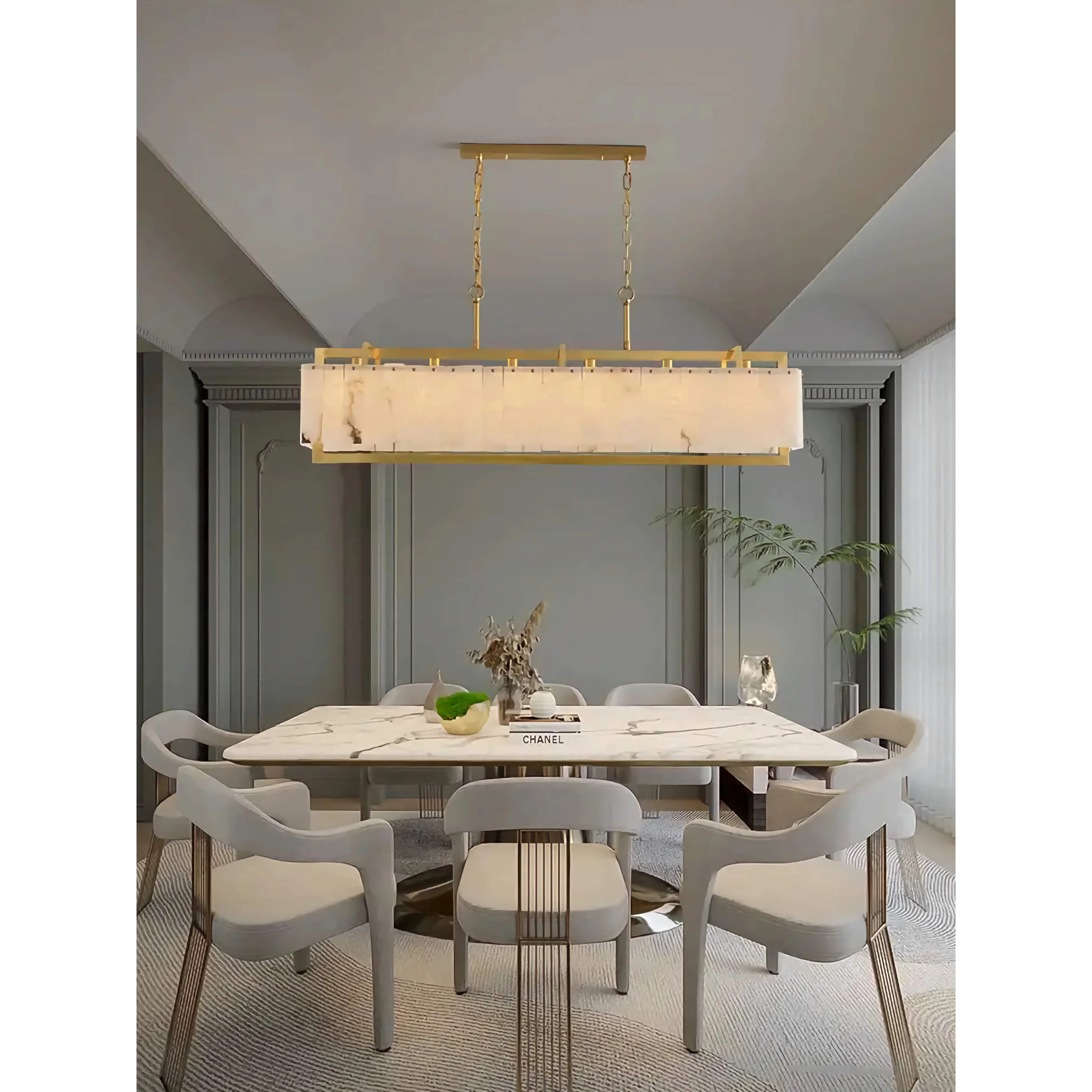 Rectangular Alabaster Island Chandelier | Brushed Brass Kitchen Suspension