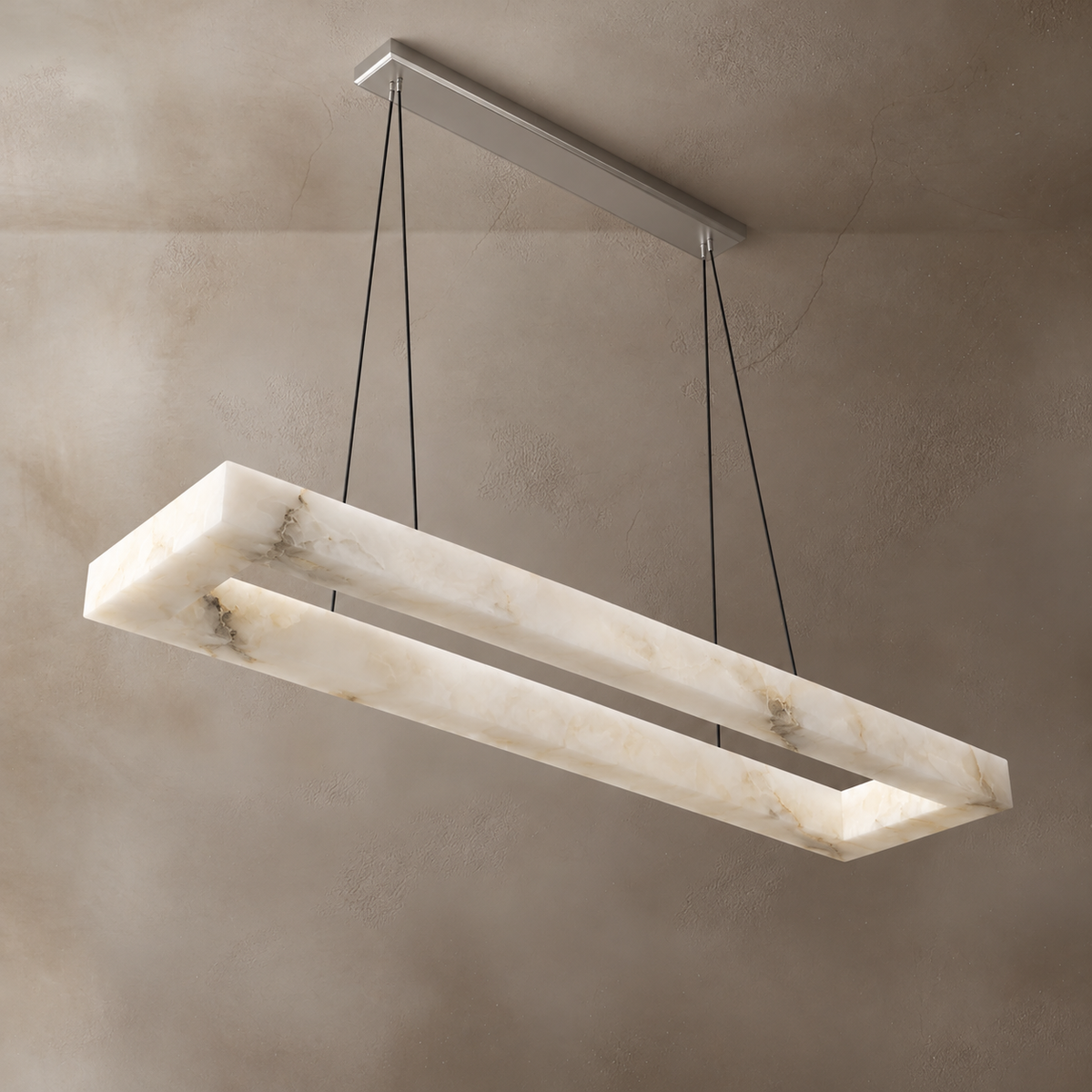 Rectangular alabaster chandelier with silver ceiling canopy.