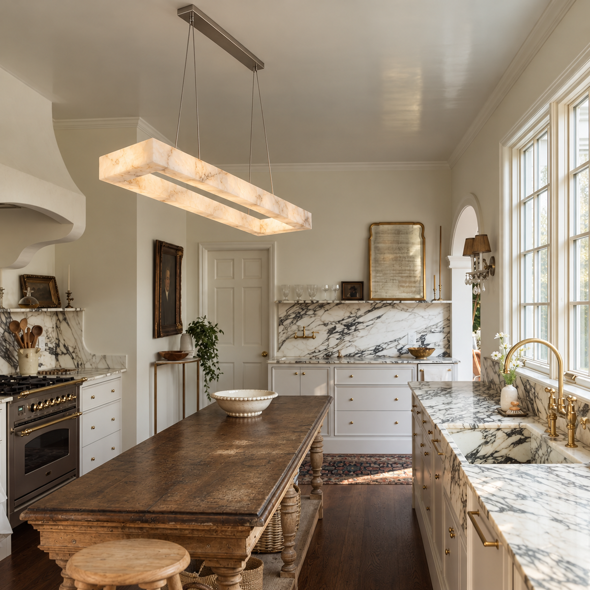 Rectangular alabaster chandelier installed over a wooden kitchen island in daylight.