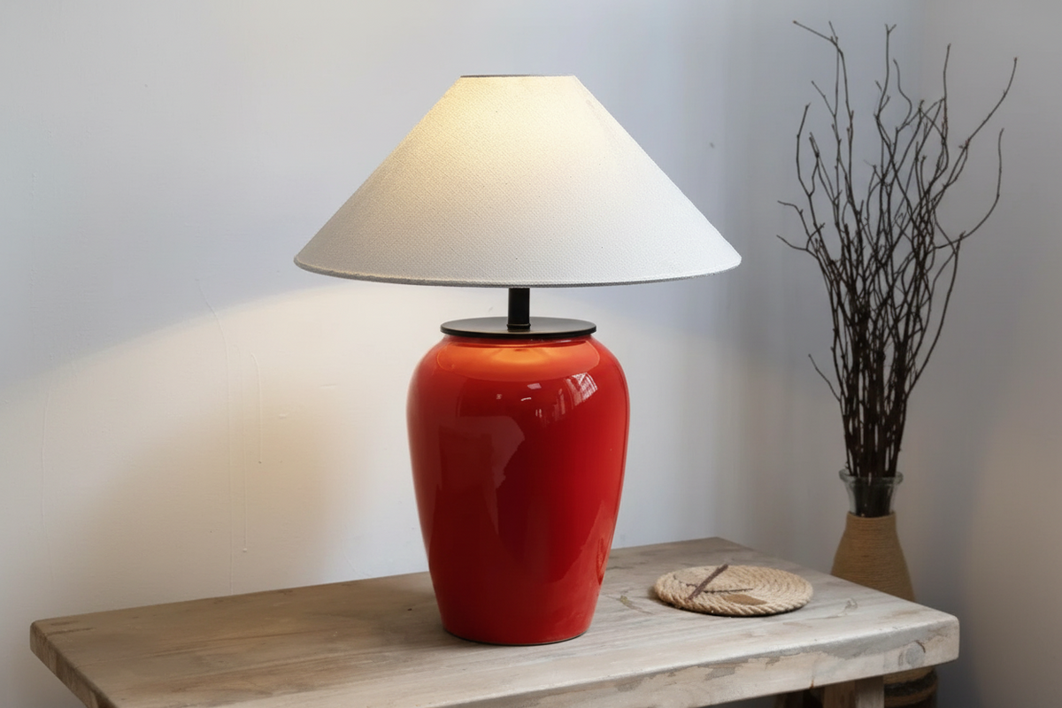 Red Ceramic Table Lamp | Bold Glazed Stoneware with Fabric Shade Living Room Foyer & Bedroom Casalolalights Luxury
