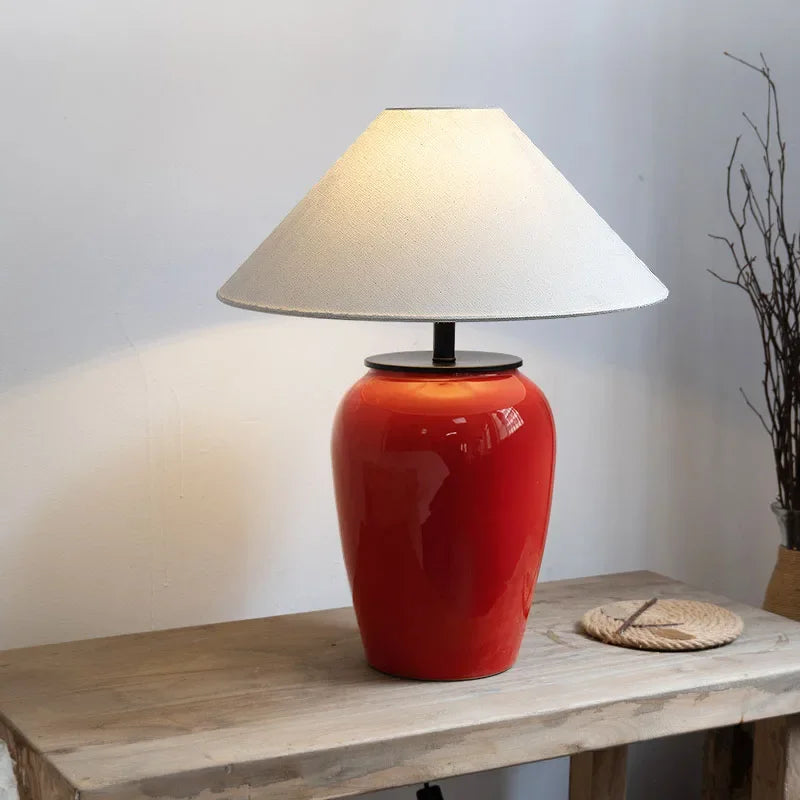 Red Ceramic Table Lamp | Bold Glazed Stoneware with Fabric Shade Living Room Foyer & Bedroom Casalolalights Luxury