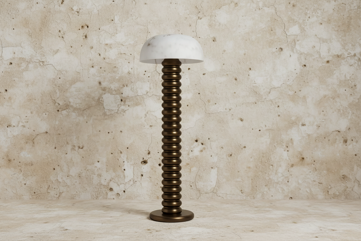 Genuine Alabaster Dome Floor Lamp Ribbed Steel Column | 2 Light 146cm Tall Dimmable Option 2700k Casalola Lights Luxury