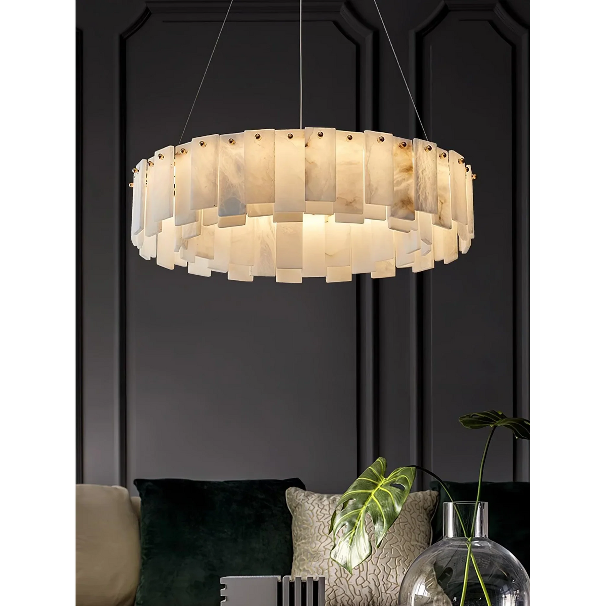 Round Alabaster & Brass Ring Chandelier | 45cm to 100cm Stone-panel Halo Modern Minimalist Casalolalights Luxury Lamps