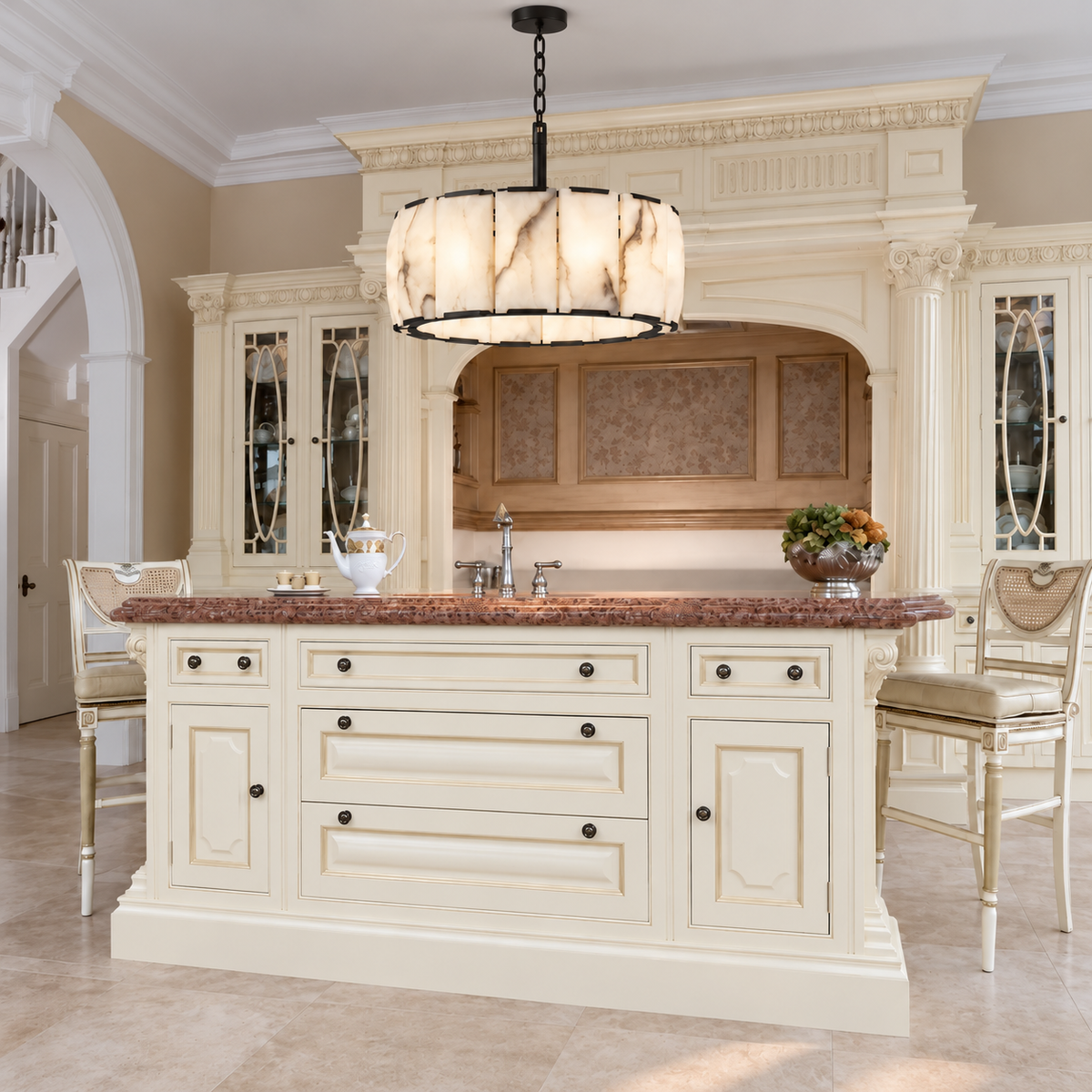 Halo alabaster chandelier installed above a kitchen island