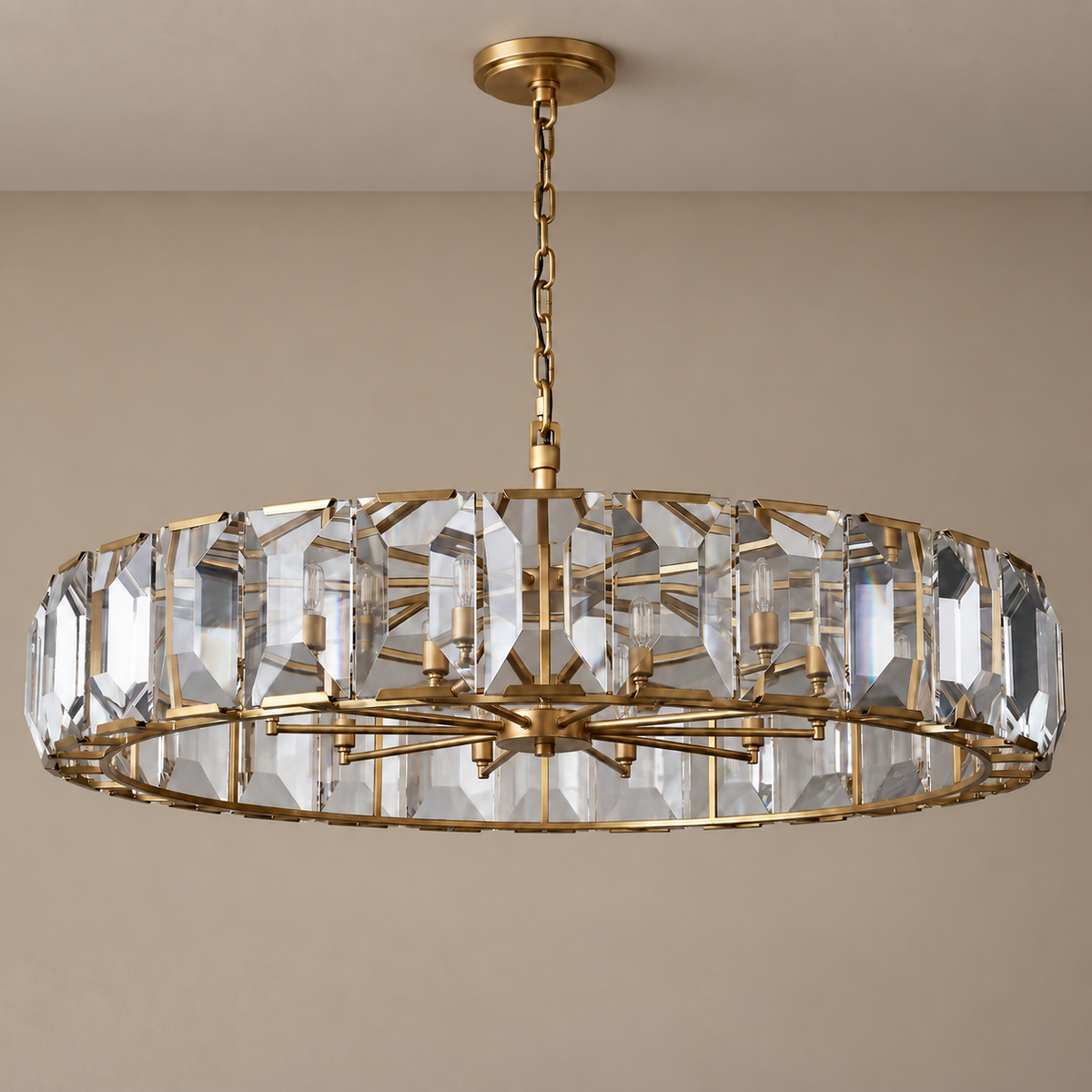 Crystal Halo Drum Chandelier Gold or Black | Shallow for a Bedroom Entry Custom Chain Drop Casalola Lights Luxury Lamps