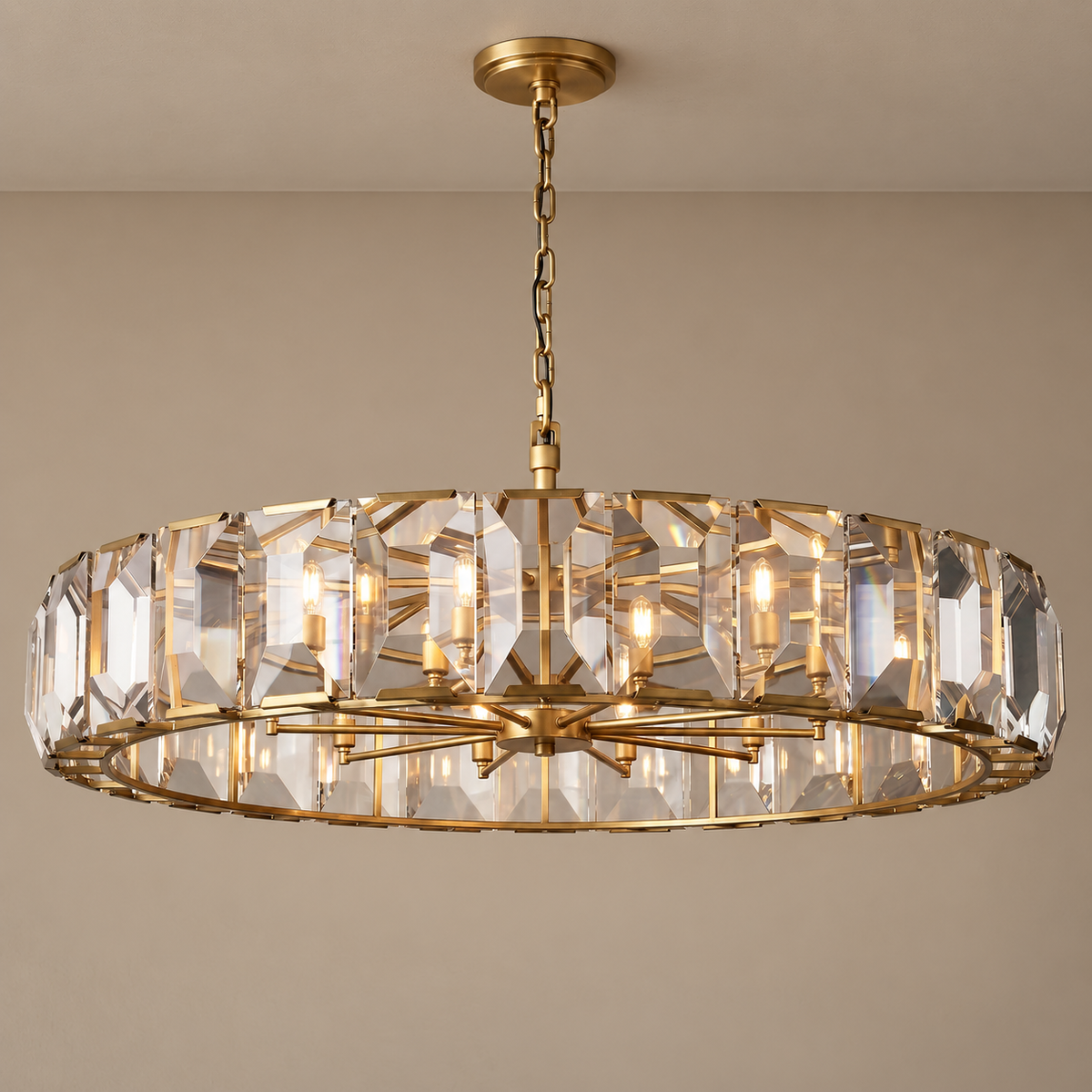 Crystal Halo Drum Chandelier Gold or Black | Shallow for a Bedroom Entry Custom Chain Drop Casalola Lights Luxury Lamps