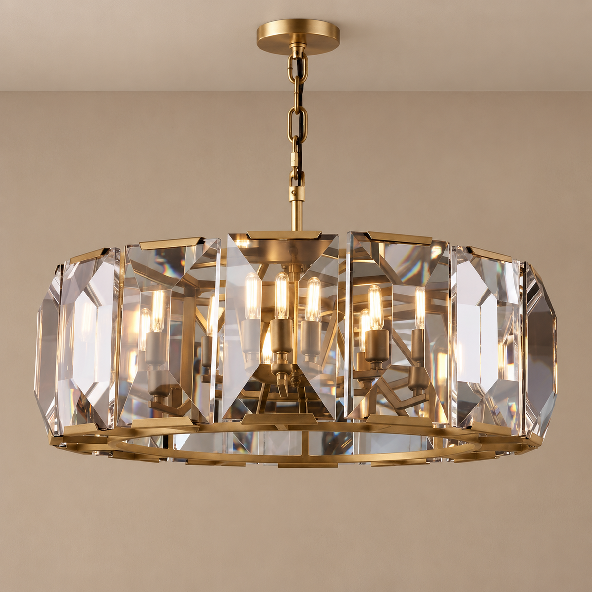 Crystal Halo Drum Chandelier Gold or Black | Shallow for a Bedroom Entry Custom Chain Drop Casalola Lights Luxury Lamps