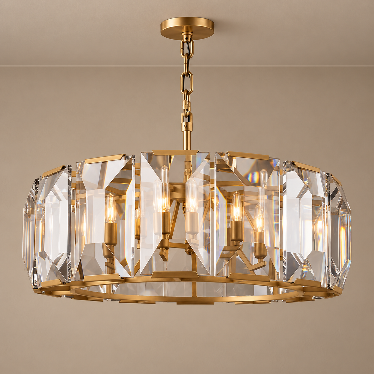 Crystal Halo Drum Chandelier Gold or Black | Shallow for a Bedroom Entry Custom Chain Drop Casalola Lights Luxury Lamps